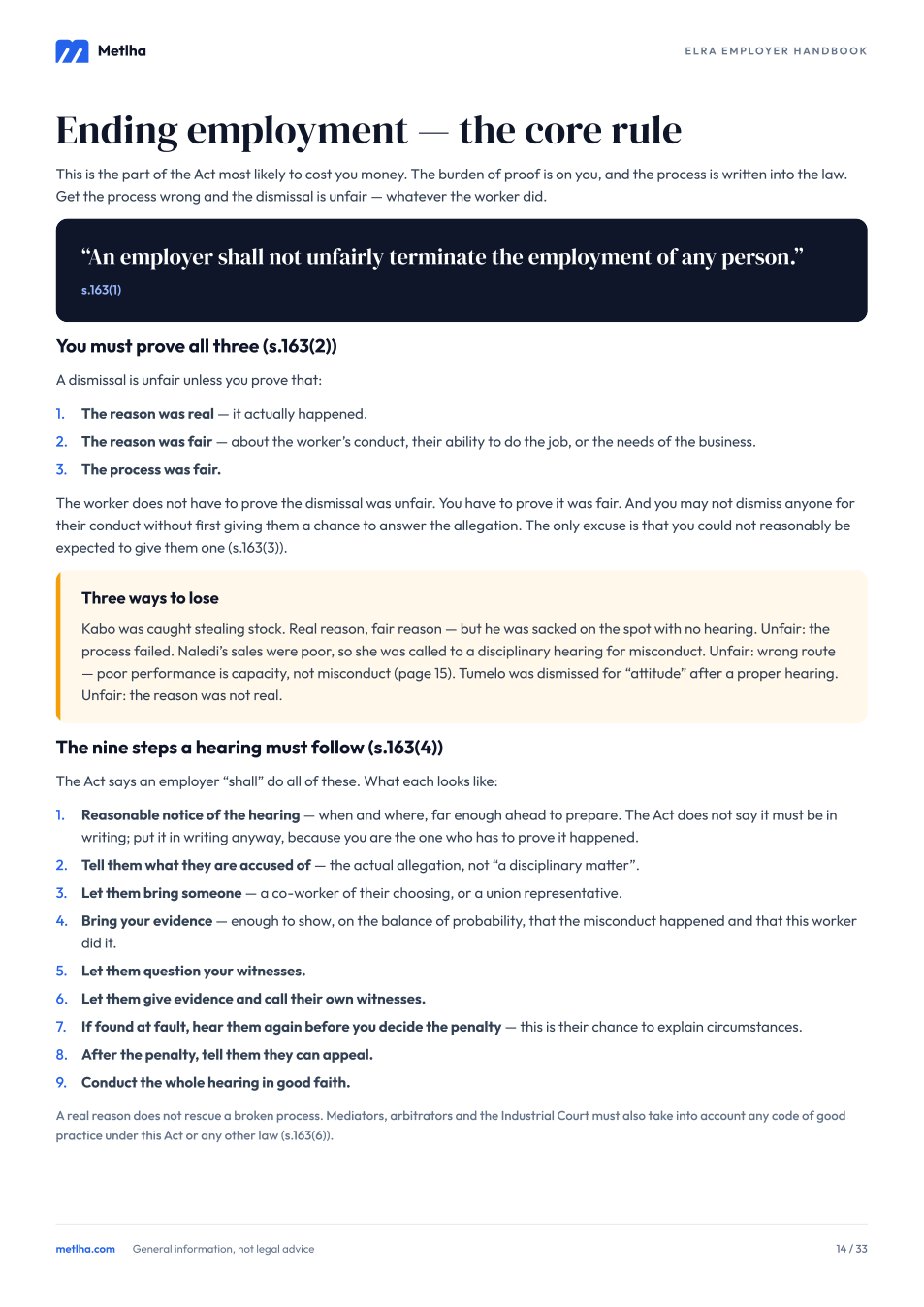 Page 14 of the handbook, 'Ending employment — the core rule', setting out the nine steps a disciplinary hearing must follow under s.163(4).