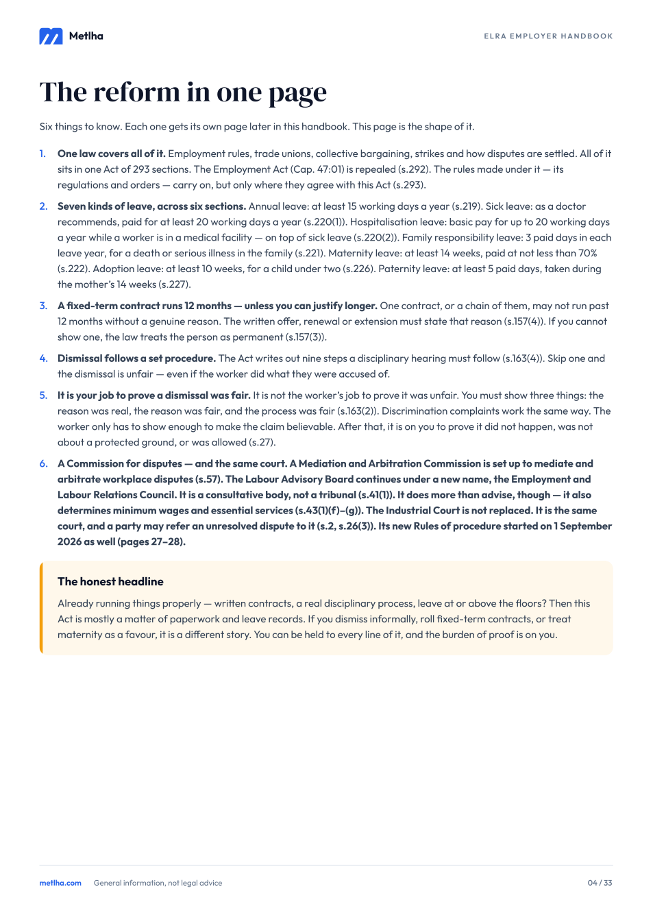 Page 4 of the handbook, 'The reform in one page', listing six numbered changes each cited to a section of the Act.